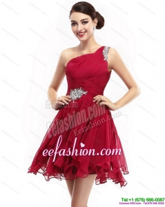 Pretty One Shoulder Ruching Mini Length Prom Dresses with Beading