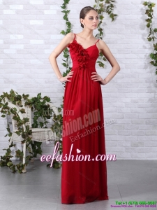 Pretty Straps Long Prom Dresses with Ruching and Hand Made Flowers