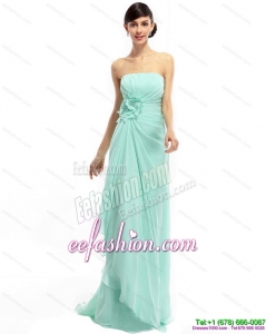 Pretty Sweep Train Apple Green Prom Dresses with Ruching and Hand Made Flower