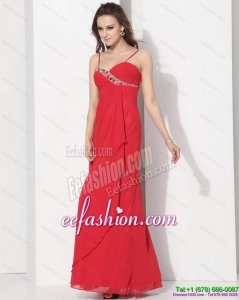 Red Spaghetti Straps Prom Dresses with Ruching and Beading