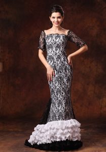 Half Sleeves Black And White Square Celebrity Red Carpet Dress in Lace