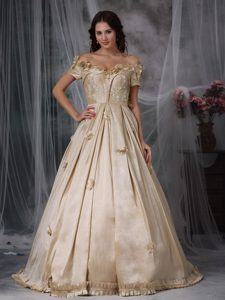 Champagne A-line Off The Shoulder Celebrities Dress for Less in Taffeta