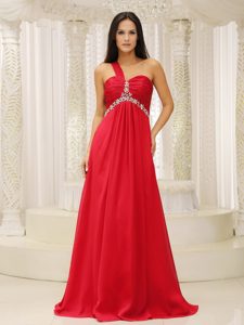 One Shoulder Red Chiffon Betty Celebrities Dress with Ruche and Appliques