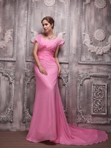 Rose Pink Empire V-neck Chiffon Betty Celebrity Dress with Beading and Ruching