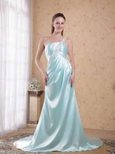 Light Blue Beaded One Shoulder Prom Celebrity Dress in Elastic Woven Satin