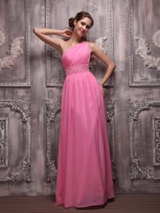 Rose Pink One Shoulder Long Chiffon Prom Celebrity Dress with Beading