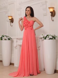 Watermelon Empire Chiffon Celebrity Dress with Hand Flowers with One Shoulder