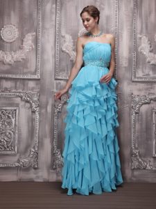 Aqua Blue Strapless Ruffled Celebrity Dresses with Beading and Ruffles