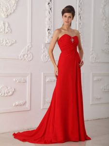 Red Sweetheart Brush Train Dress for Celebrity with Beading