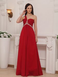 Red One Shoulder Long Chiffon Ruched Dress for Celebrity with Beading