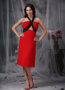 New V-neck Tea-length Chiffon Prom Celebrity Dress in Red and Black