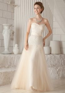Elegant Champagne A-line Beaded Celebrity Long Dress Made and Satin