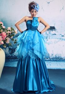 Blue Strapless A-line Ruffled Prom Dress for Celebrity in and Organza