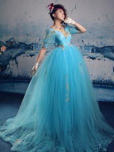 Romantic V-neck Long Aqua Blue Dresses for Celebrity with Appliques