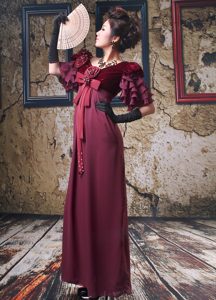 Modest V-neck Burgundy Dresses for Celebrity with Half Sleeve in Organza