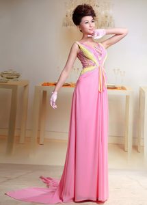 Baby Pink Beaded Chiffon Prom Celebrity Dress With Watteau Train for Less