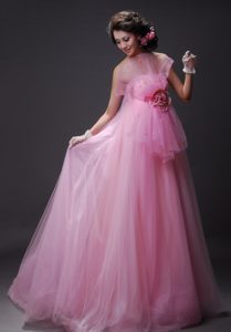 Baby Pink Long Prom Celebrity Dress with Beading and Hand Flowers