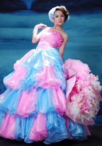 Princess Pink and Aqua Blue Organza Celebrity Dress with Ruffles and Beading