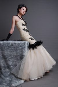 Mermaid Strapless Champagne Celebrity Dresses in Organza with Appliques