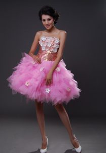 Pink A-Line Strapless Mini-length Tulle Dress for Celebrity with Hand Flowers
