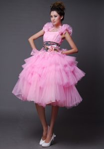 Exquisite Straps Organza and Tulle Dresses for Celebrity with Ruffles in Pink