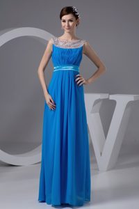 Blue Scoop Long Prom Dress for Celebrity with Beading and Ruching