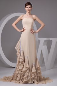 2013 Wheat Color Pleated Brush Train Chiffon Dress for Celebrity with Ruffles