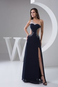 Asymmetrical Beaded Navy Blue Celebrity Dress with Cut Outs and Side Slit