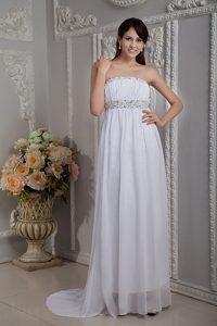 Strapless Brush Train White Chiffon Celebrity Party Dress with Beading on Sale