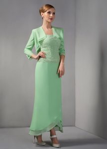 Ankle-length Apple Green Mother Dresses with Strapless in Lace and Chiffon