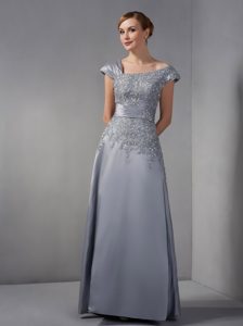 Sexy Ankle-length Satin Mother Dress in Gray with Appliques and Cap Sleeves