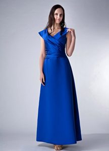 Classy Satin V-neck Prom Dresses for Mother in Royal Blue with Ankle-length