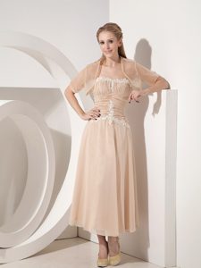 Strapless Ankle-length Champagne Appliqued Chiffon Mother of Bride Dresses