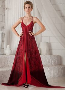 Best Spaghetti Straps Brush Train Wine Red Mother of Bride Dress with High Slit
