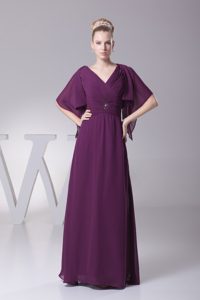Cheap V-neck Long Dark Purple Ruched Chiffon Mother Wedding Dress