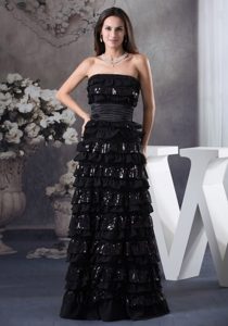 Strapless Long Black Sequin and Chiffon Mother Bride Dress with Layers