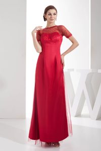 Bateau Short Sleeves Ankle-length Wine Red Mother of Bride Dress with Beading