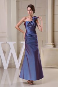 Purple One Shoulder Ankle-length Ruched Mother of Bride Dress with Bowknot