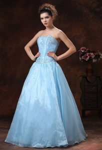 Baby Blue Appliqued Sweetheart Cheap Long Prom Attire in Organza
