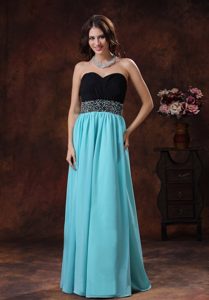 Aqua Blue and Black Sweetheart Beaded Cute Prom Gowns in Floor-length