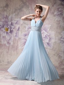 Baby Blue A-line Halter Lovely Beaded Chiffon Prom Dresses in Floor-length