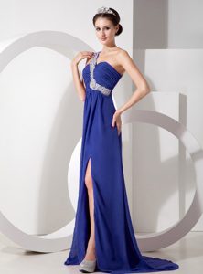 Blue Empire One Shoulder Senior Prom Dresses with Beading on Promotion