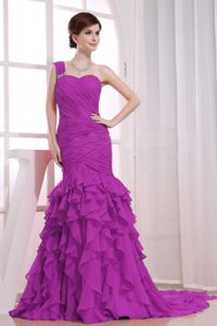 Custom Made Mermaid Lavender One Shoulder Prom Dresses with Watteau