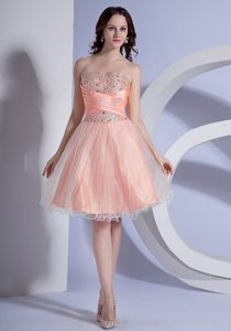 Perfect A-line Peach Pink and Organza Prom Gowns in Mini-length
