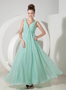 Empire V-neck Long Chiffon Cute Prom Gown Dress in Apple Green