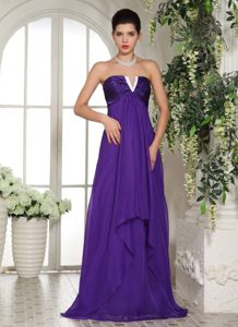 V-neck Eggplant Purple Chiffon Informal Prom Dress with Ruching on Sale
