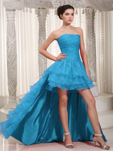 High Low Teal Strapless Pretty Prom Gown with Ruching and Ruffled Layers