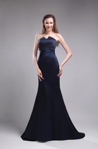 Strapless Brush Train Beaded Prom Gowns in Navy Blue on Sale