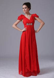 Nice V-neck Empire Chiffon Short Sleeves Red Senior Prom Dress