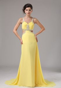 Perfect Straps Chiffon Yellow Semi-formal Prom Dress with Brush Train
